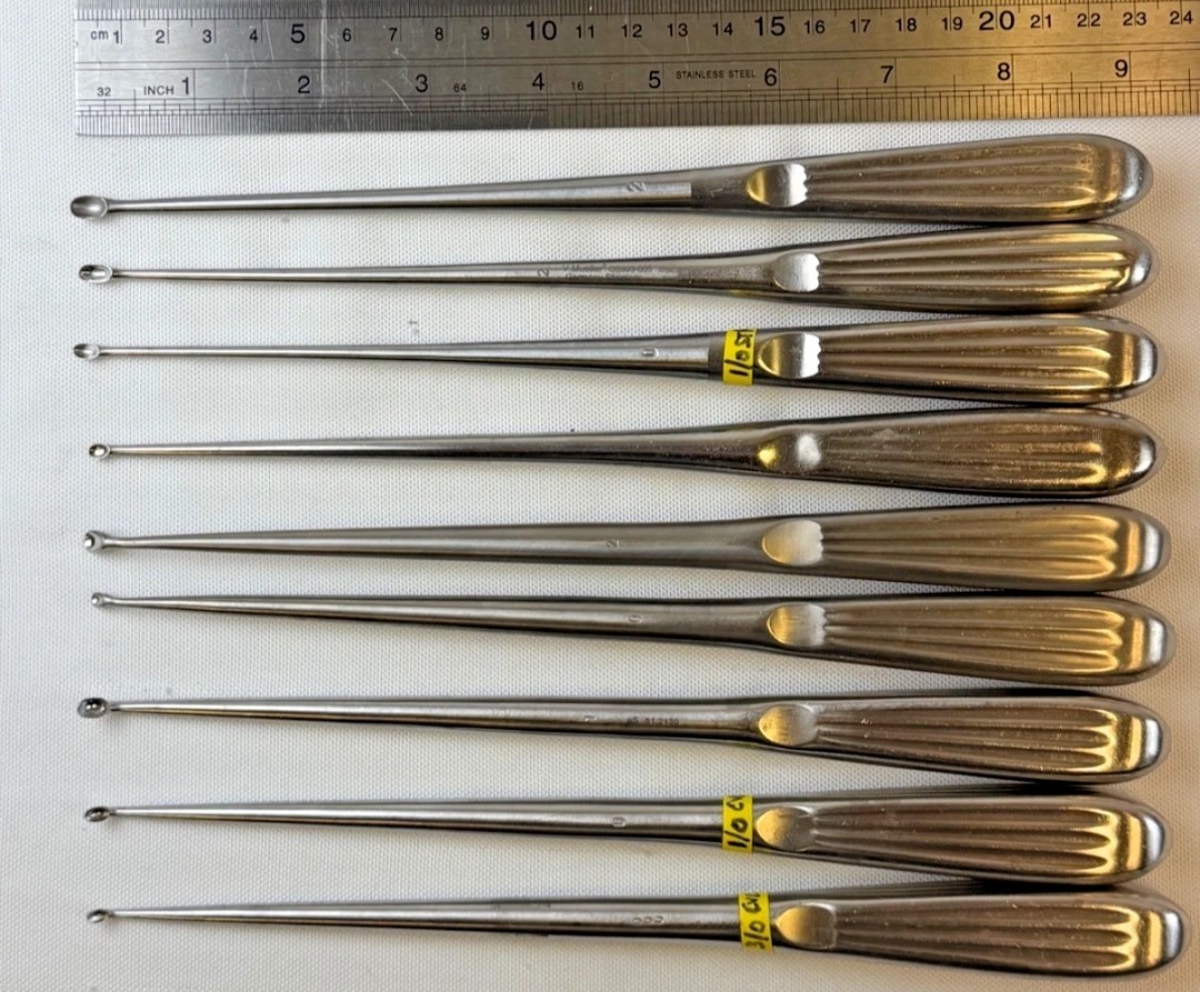 Set of 9 Millennium 9″ Brun Bone Curettes Reverse & Forward Angle Straight Neuro