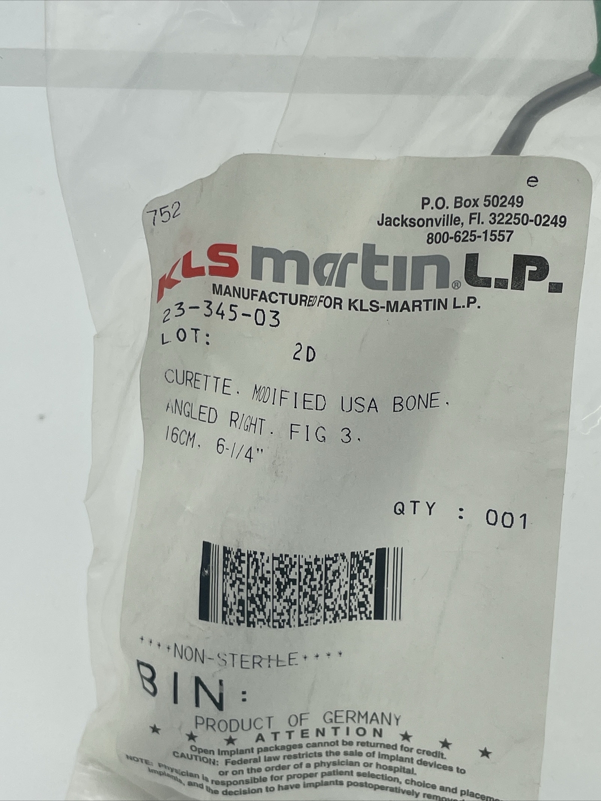 New KLS Martin Orthopedic Curette Angeled Left 16cm 6 1/4” 23-345-03 Ch1713