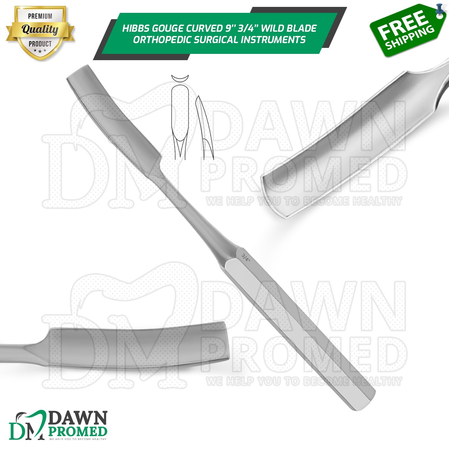 HIBBS Orthopedic Bone Gouge 9″ Curved 3/4″ Blade Surgical Instrument German Gr