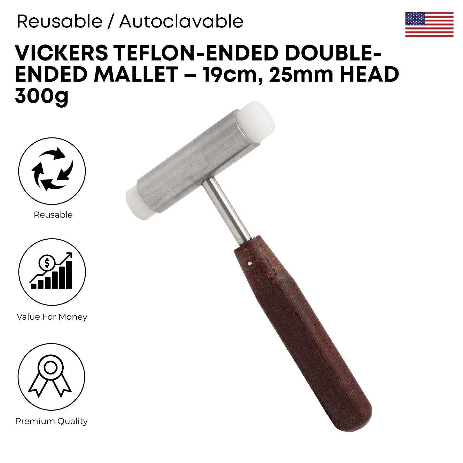 Vickers Teflon Ended Double Ended Mallet 19 cm Head 300g Surgical Instruments