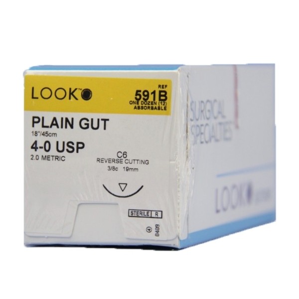 Look X591B Plain Gut Absorbable Sutures 4-8 18” C6 3/8 Circle 19mm 12/Pk