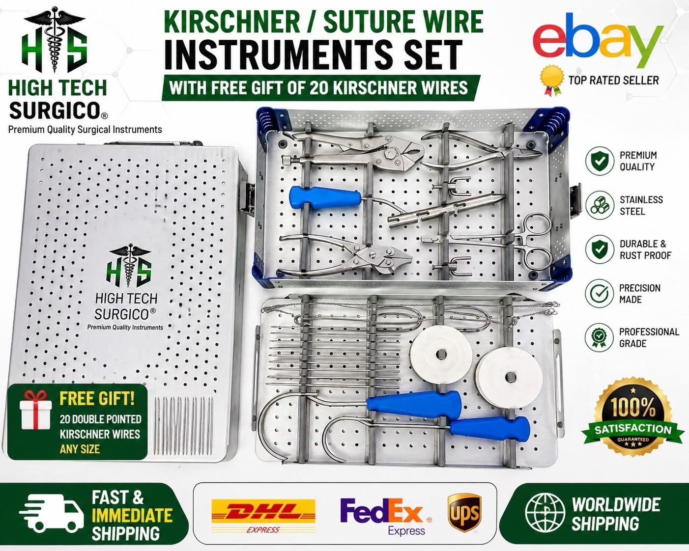 Orthopedìc Kirschnèr Sutùre Wire Instrument Set w/ K-Wires & Case+Gift (101 pcs)