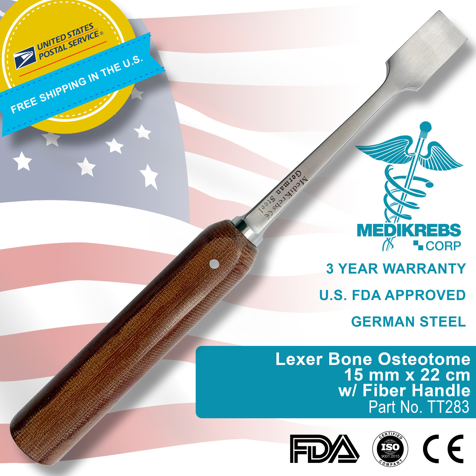 Lexer Bone Osteotome 15 mm x 22 cm w/ Fiber Handle OR Grade Surgical Instrument