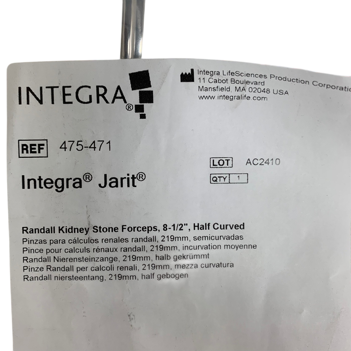 Integra Jarit Randall Kidney Stone Forceps 8-1/2″ Half Curved New