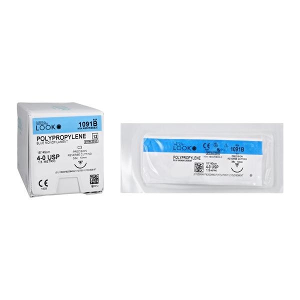 Look 1091B 4/0 Polypropylene Suture Blue Mon, 18″ 45cm C3 13mm 3/8 Circle 12/Pk