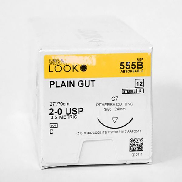 Look X555B Plain Gut Absorbable Sutures 2-0 27” C7 3/8 Circle 24mm 12/Pk