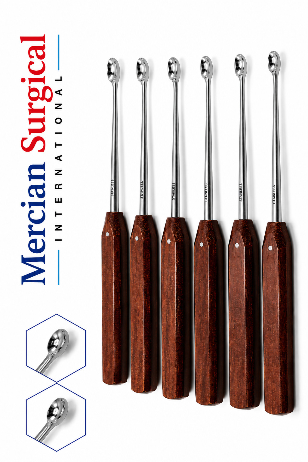 Halle Bone Curettes 6PC Set Oval Cup Fiber Handle Orthopedic Surgical Instrument
