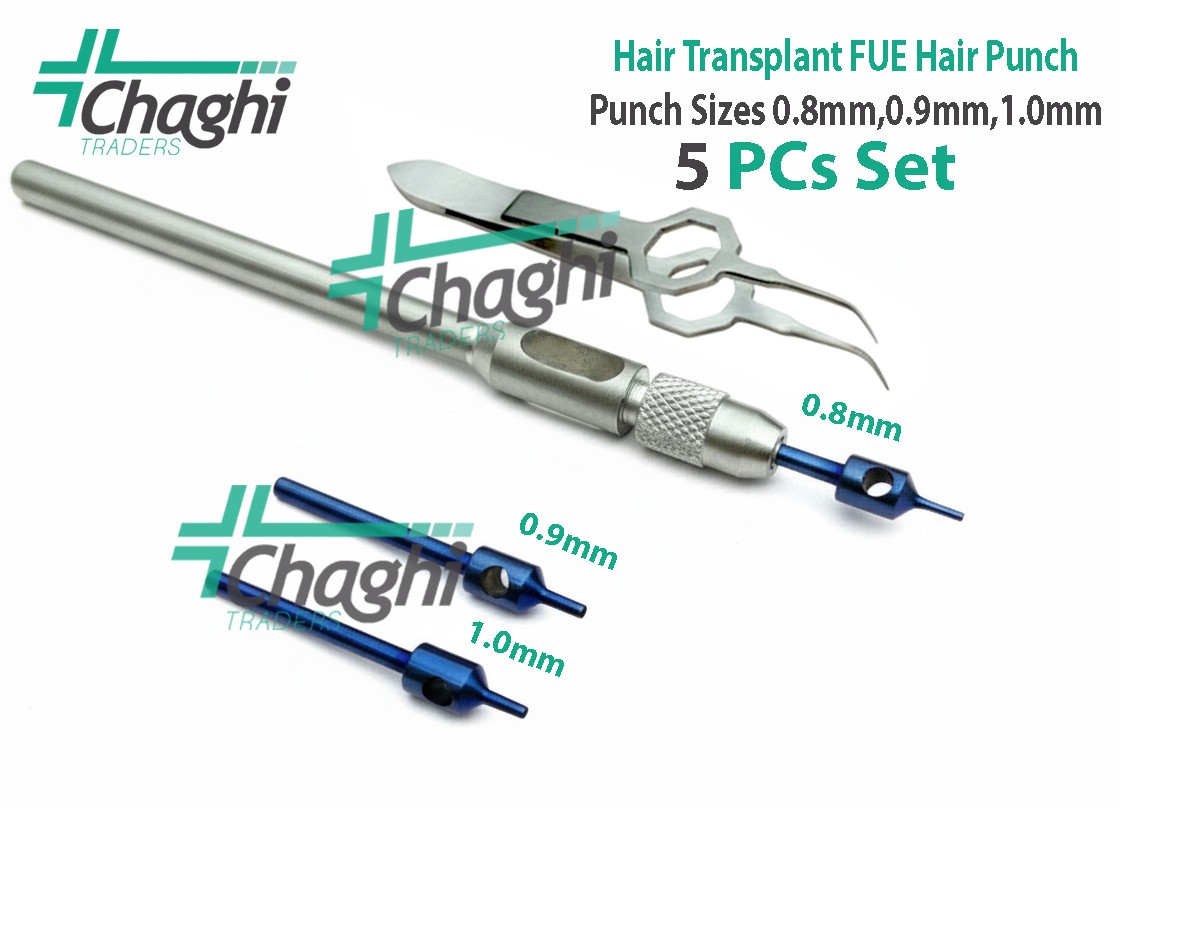 Hair Transplant Forceps & FUE Hair Punch KIt Punch Sizes 0.8mm,0.9mm,1.0mm 5 PCs