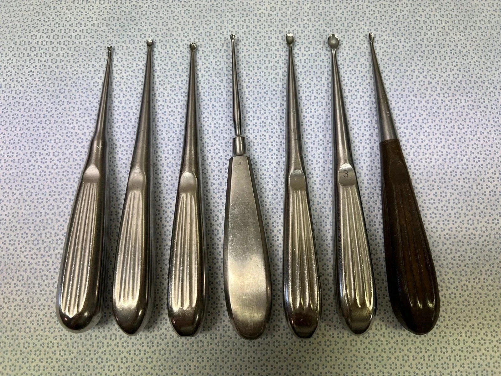 Set of 7 Surgical Orthopedic Mastoid Sprat Curette 6 1/2″ Size 3 Oval Cup Tip