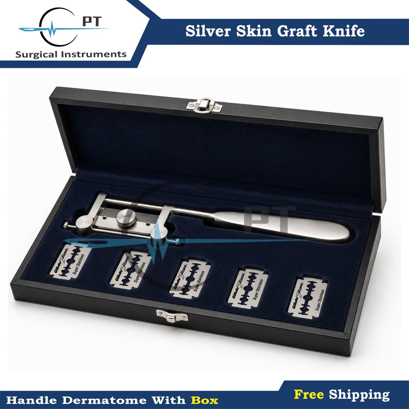 Silver Skin Graft Knife Handle Dermatome With Box & 5 Blades Surgical Instrument
