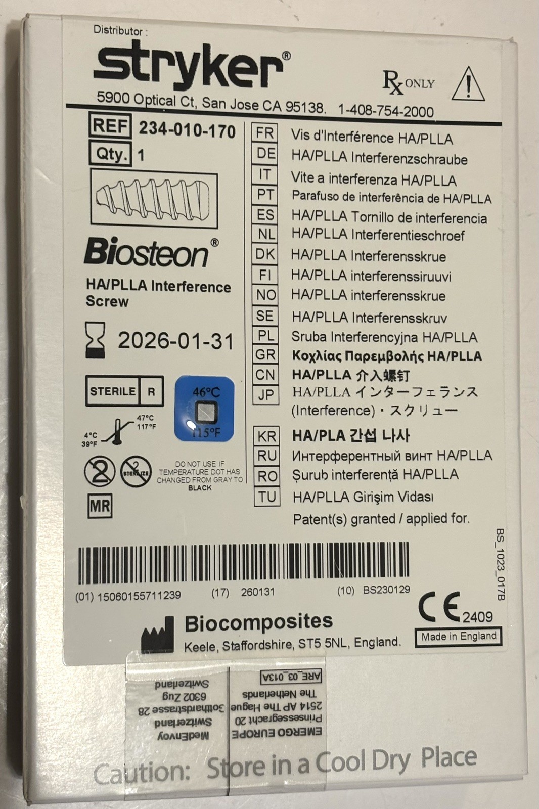 STRYKER BIOSTEON INTERFERENCE SCREW HA/PLLA 10MM X 23MM EXP 2026/01/31