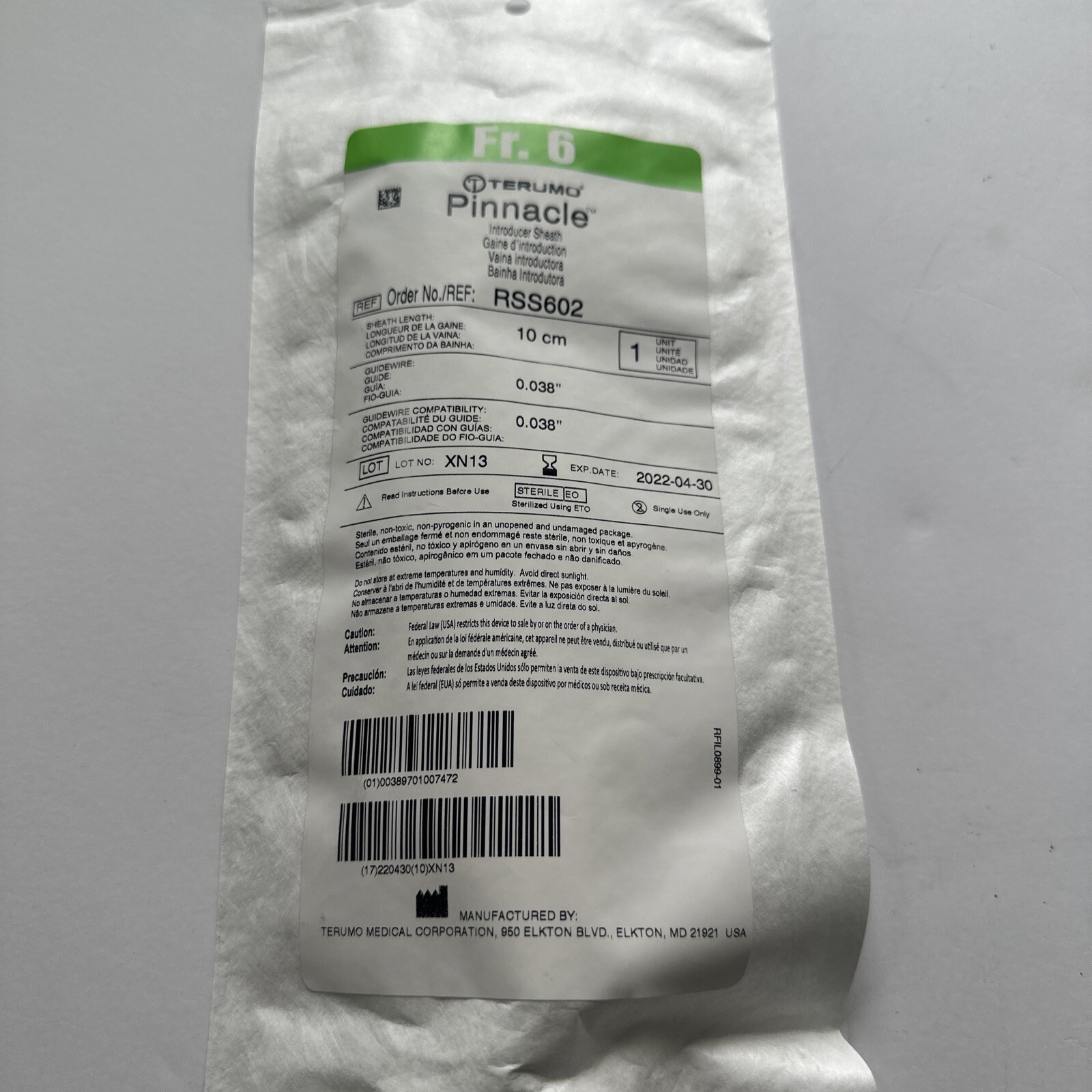 RSS602 FR. 6 SHEATH INTRODUCER 9FR 10CM 2.5CM DILATOR .038IN GUIDEWIRE