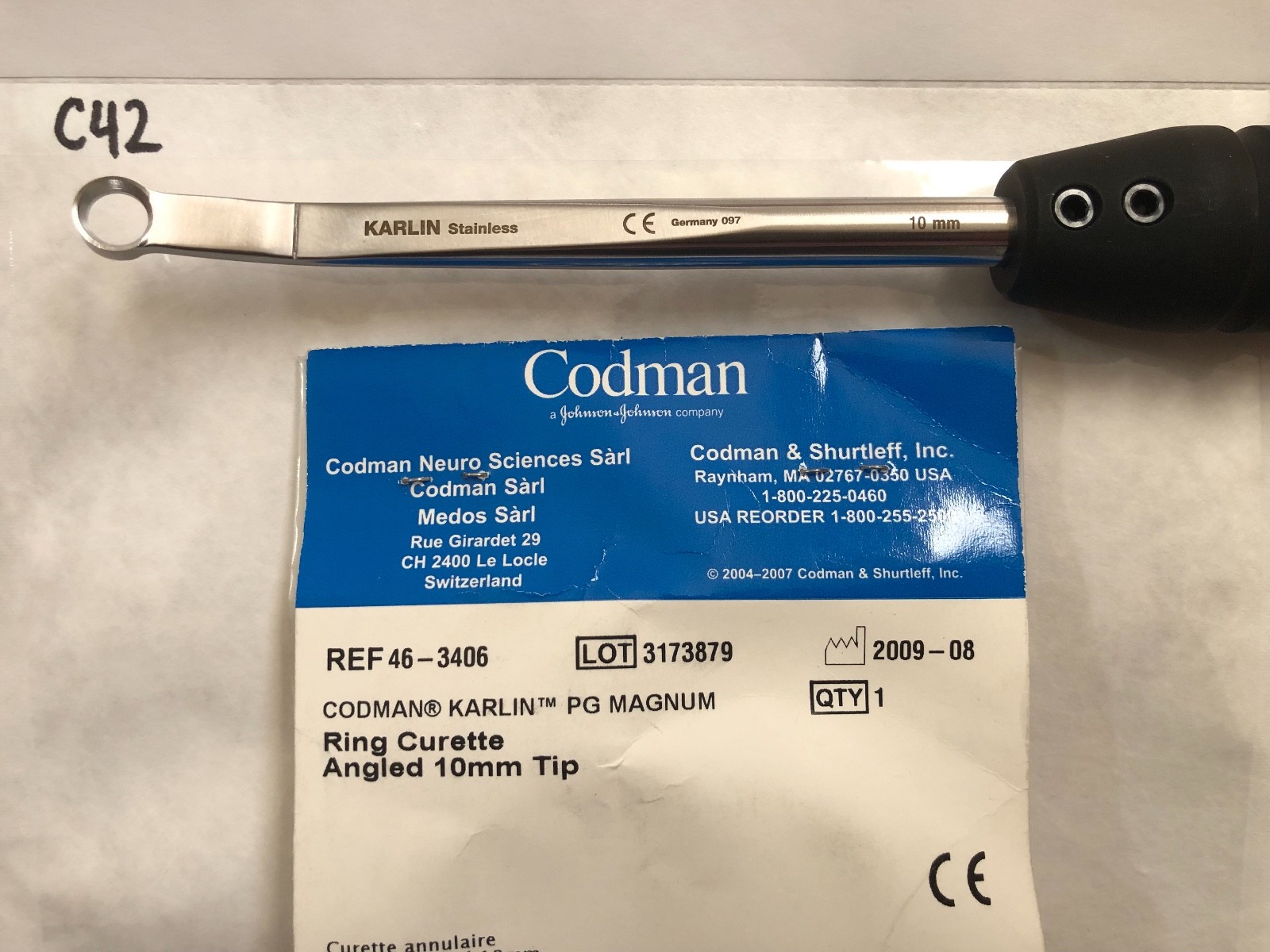 Codman Karlin PG Magnum Ring Curette Angled 10mm Tip REF: 46-3406 LOT: 3173879
