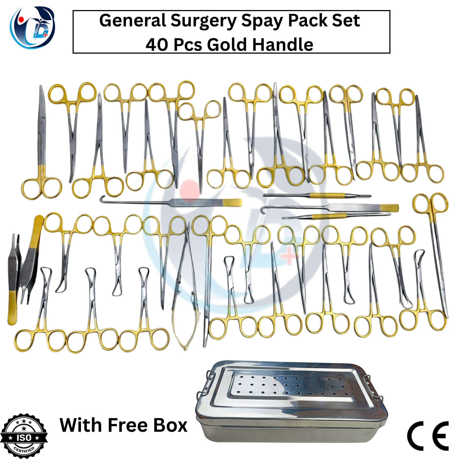 General Surgery Spay Pack Set 40 Pcs Gold Handle Surgical Instruments Kit W/ Box