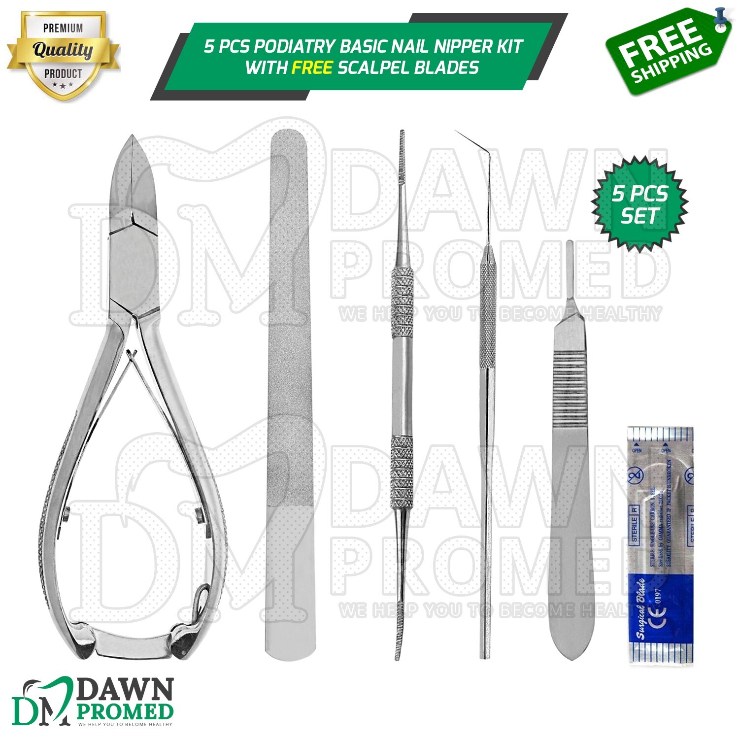 5 Pcs Podiatry Basic Nail Nipper Kit With FREE Scalpel Blades German Grade