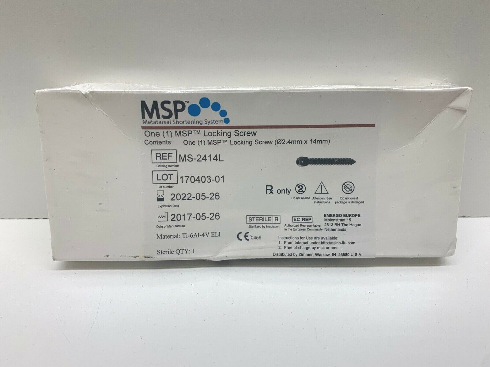 One (1) MSP Orthopedic Locking Screw 02.4mm x 14mm