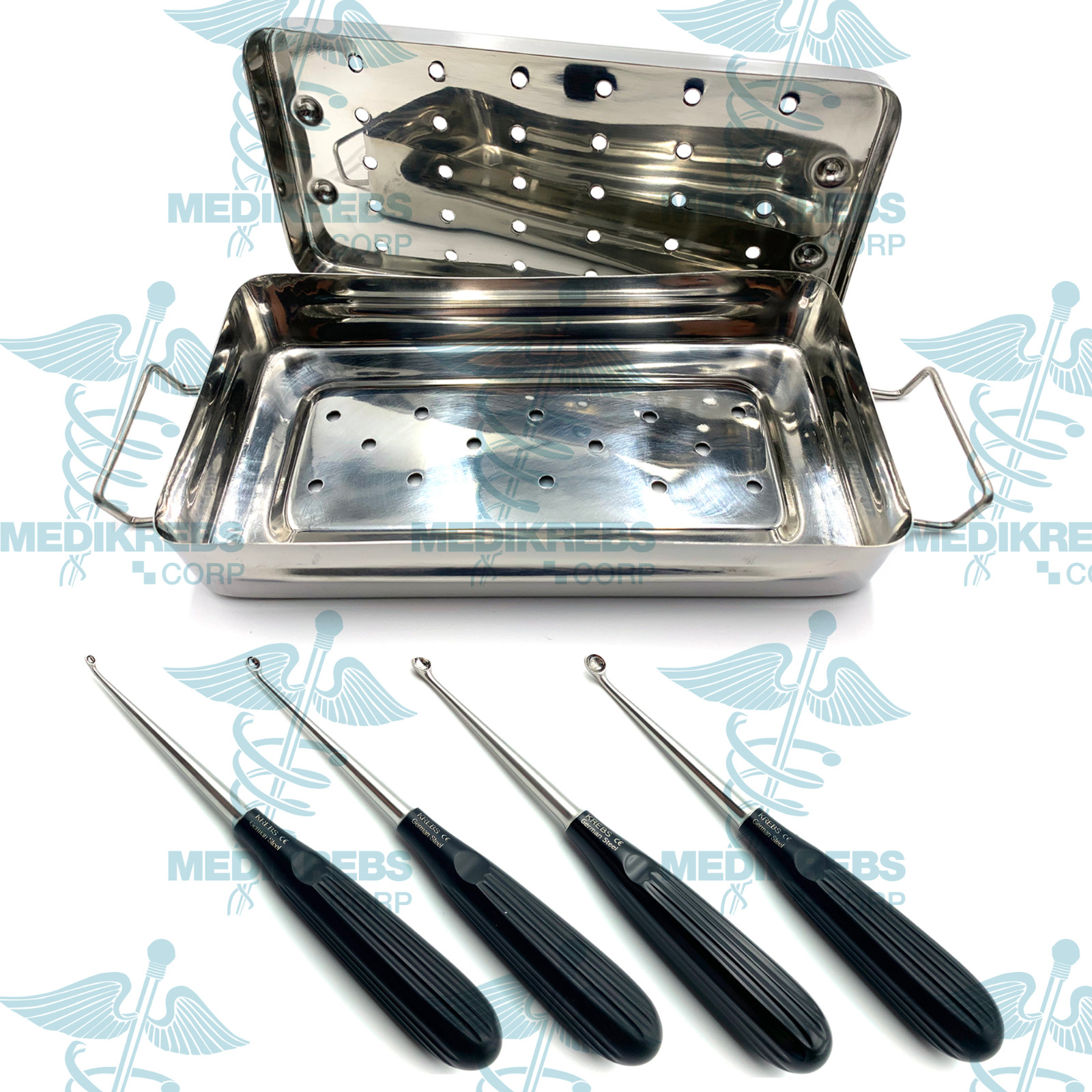Spratt Brun Bone Curette Set w/ Sterilizing Tray, Curved Fig. 0-0000 x 17 cm