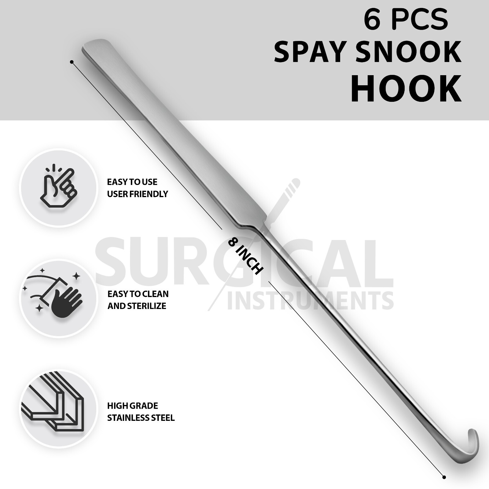 6 Pcs Spay Snook Hook Veterinary Surgical Instruments Stainless German Grade