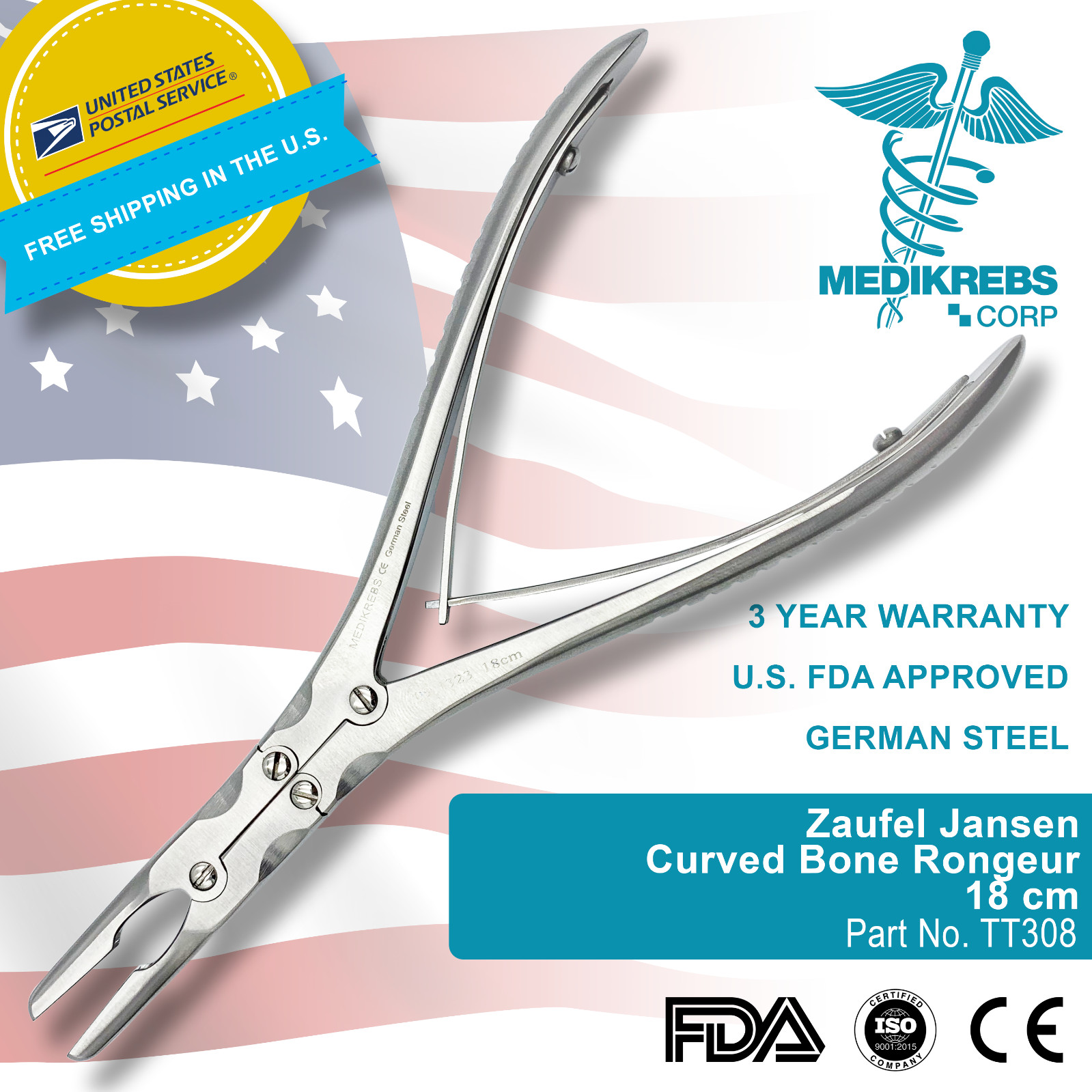 Zaufel Jansen Curved Bone Rongeur 18 cm OR Grade Steel Orthopedic Instrument