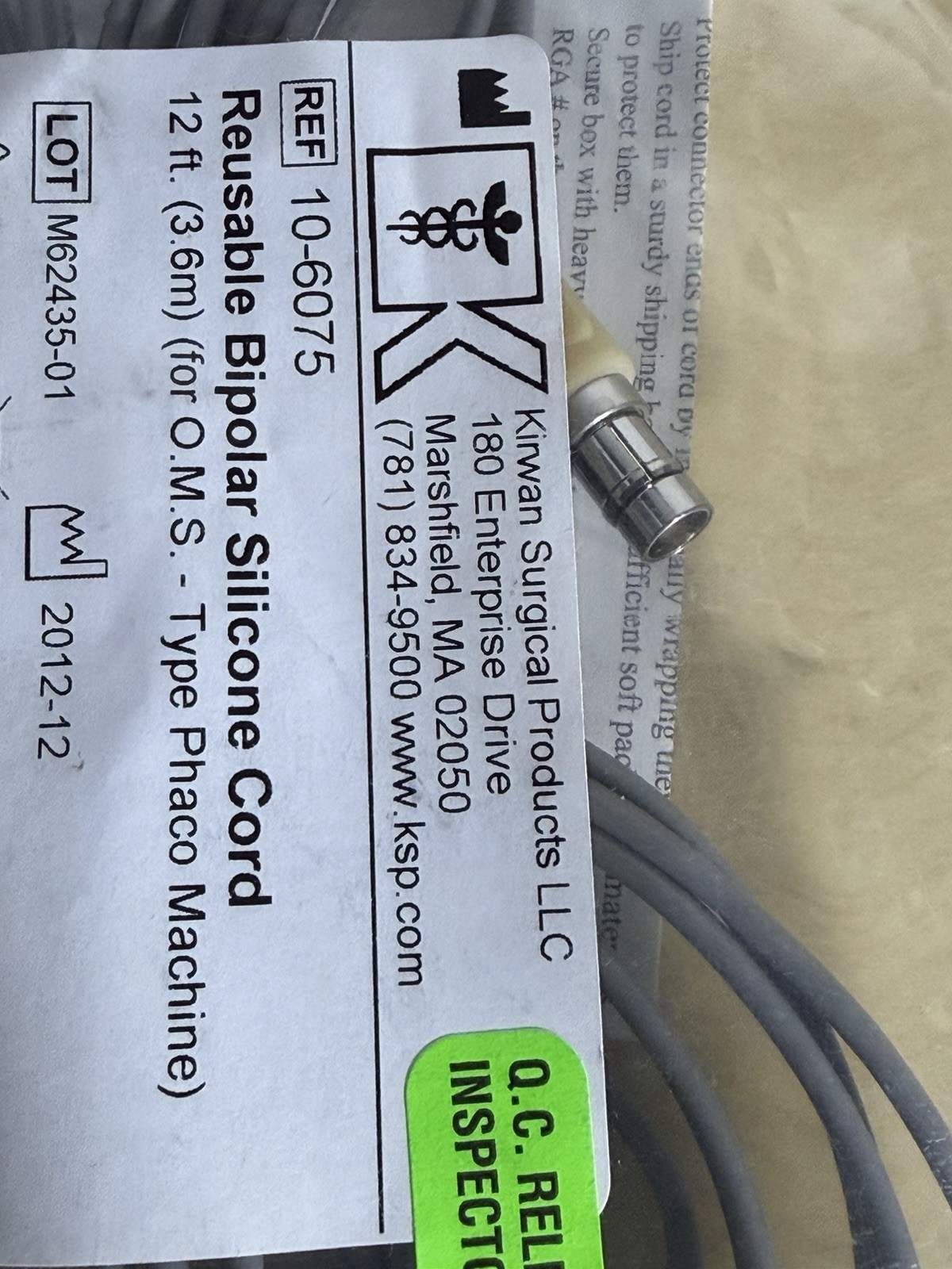 REUSABLE SEALED Bipolar Silicone 12’ Cord 10-6075 Kirwan OMS Type Phaco Machine