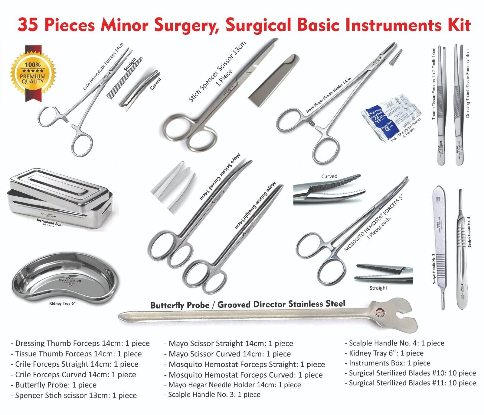 Set of 35 Pieces Minor Surgery Basic Surgical Instruments Kit Veterinary CE