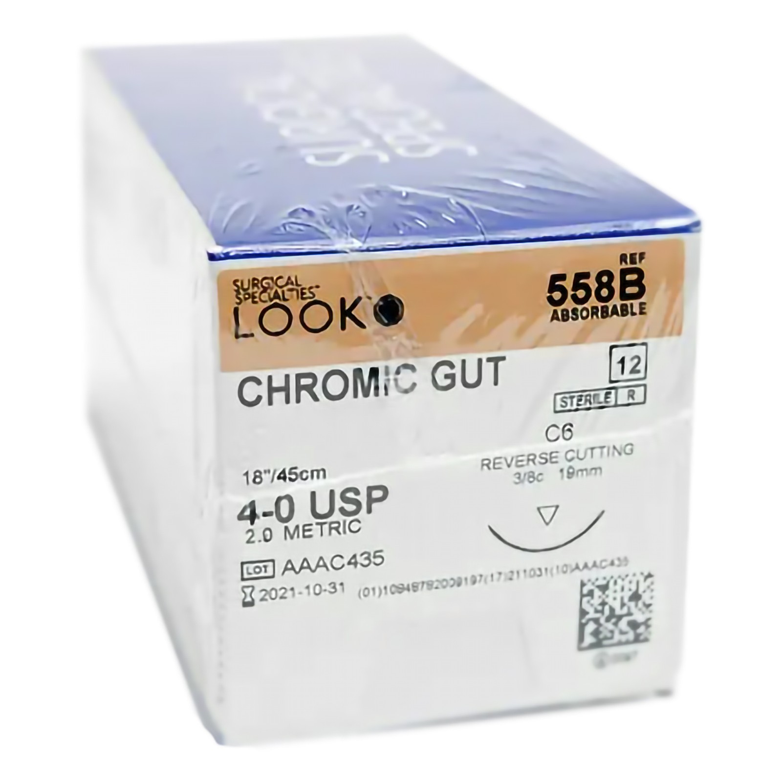 Look X558B Chromic Gut Absorbable Sutures 4-0 18″ C6 3/8 Circle 19mm 12/Pk