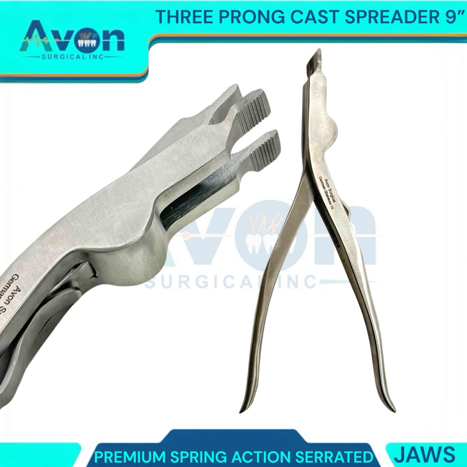 1 EA – Premium Three-Prong Serrated Jaw Cast Spreading Pliers, Spring Action 9in