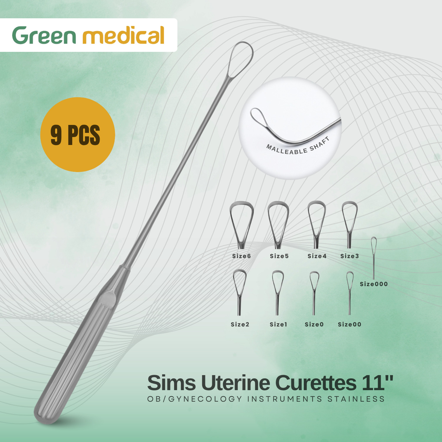 Sims Uterine Curettes 9 Pcs Set 11″ Sharp Blade, Malleable 000,00,0,1,2,3,4,5,6