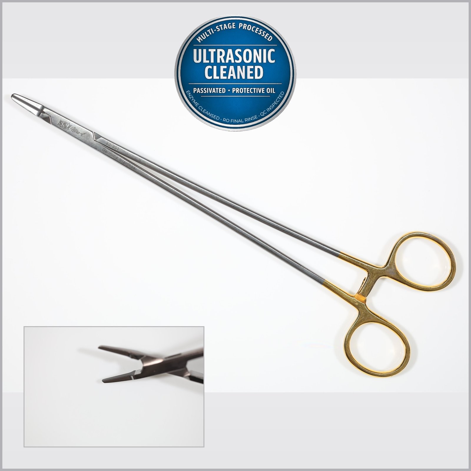 SSI 32-351 Intracardiac Ryder Needle Holder, Straight, Serrated, TC, 9-3/8in