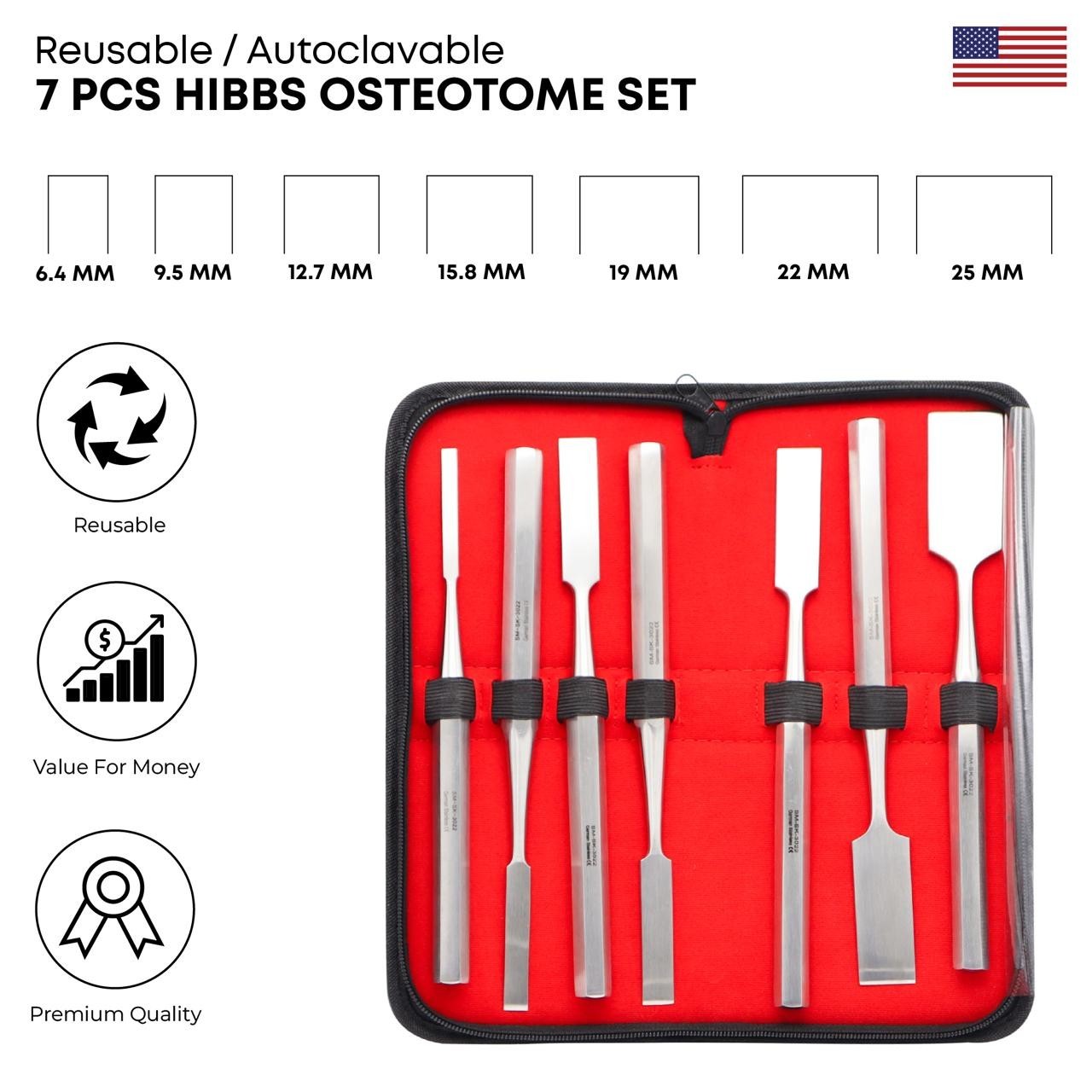 7 Pcs Hibbs Osteotome Set Stainless German Grade Orthopedic Surgical Instruments