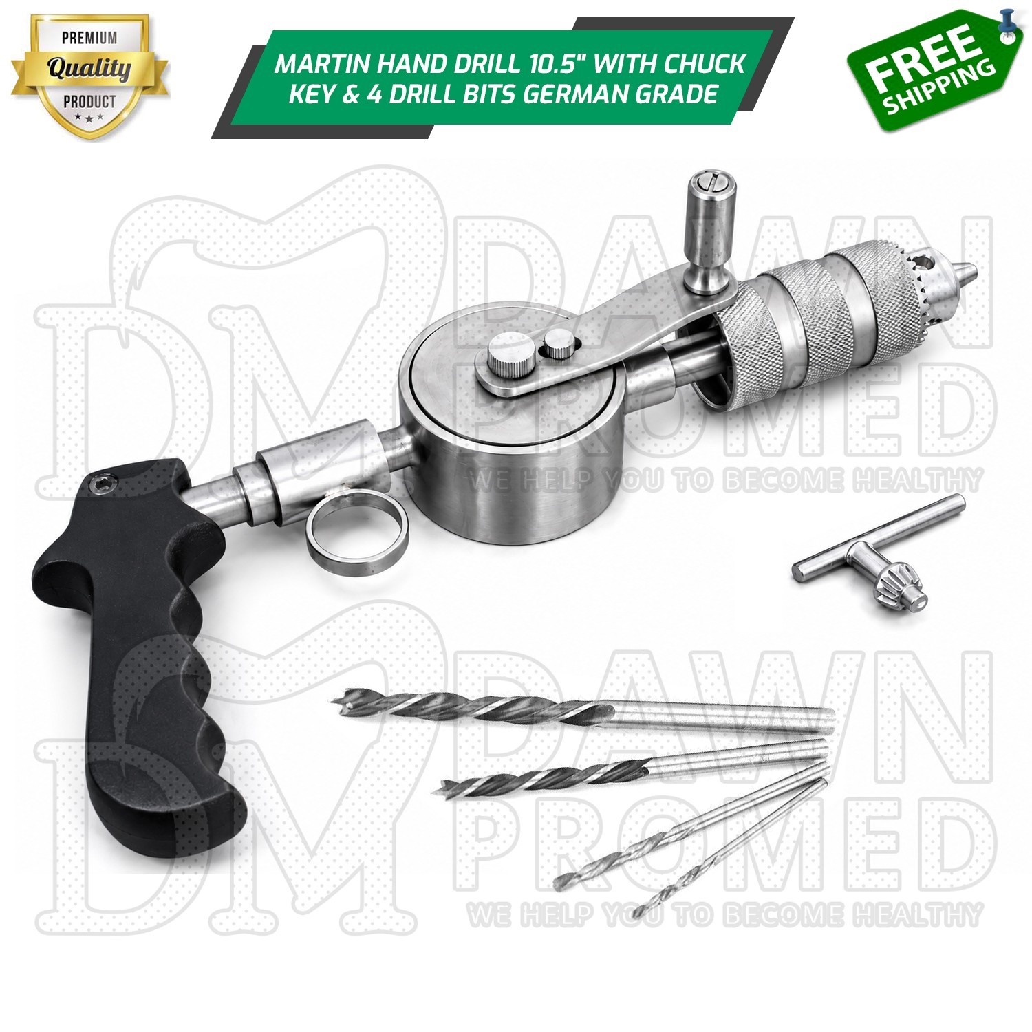 Orthopedic MARTIN Hand Drill 10.5″ with Jacobs Chuck, Key, 4 Drill Bits German G