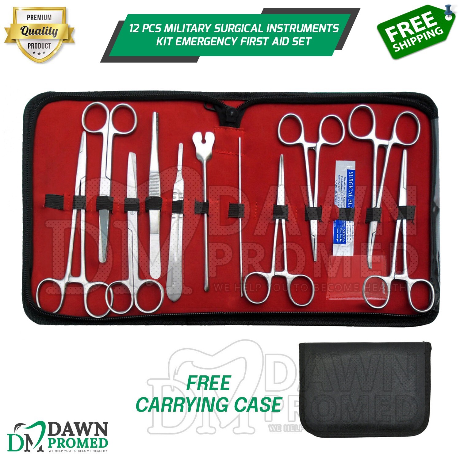 12 Pcs Military Surgical Instruments Kit Emergency First Aid Set With FREE Case