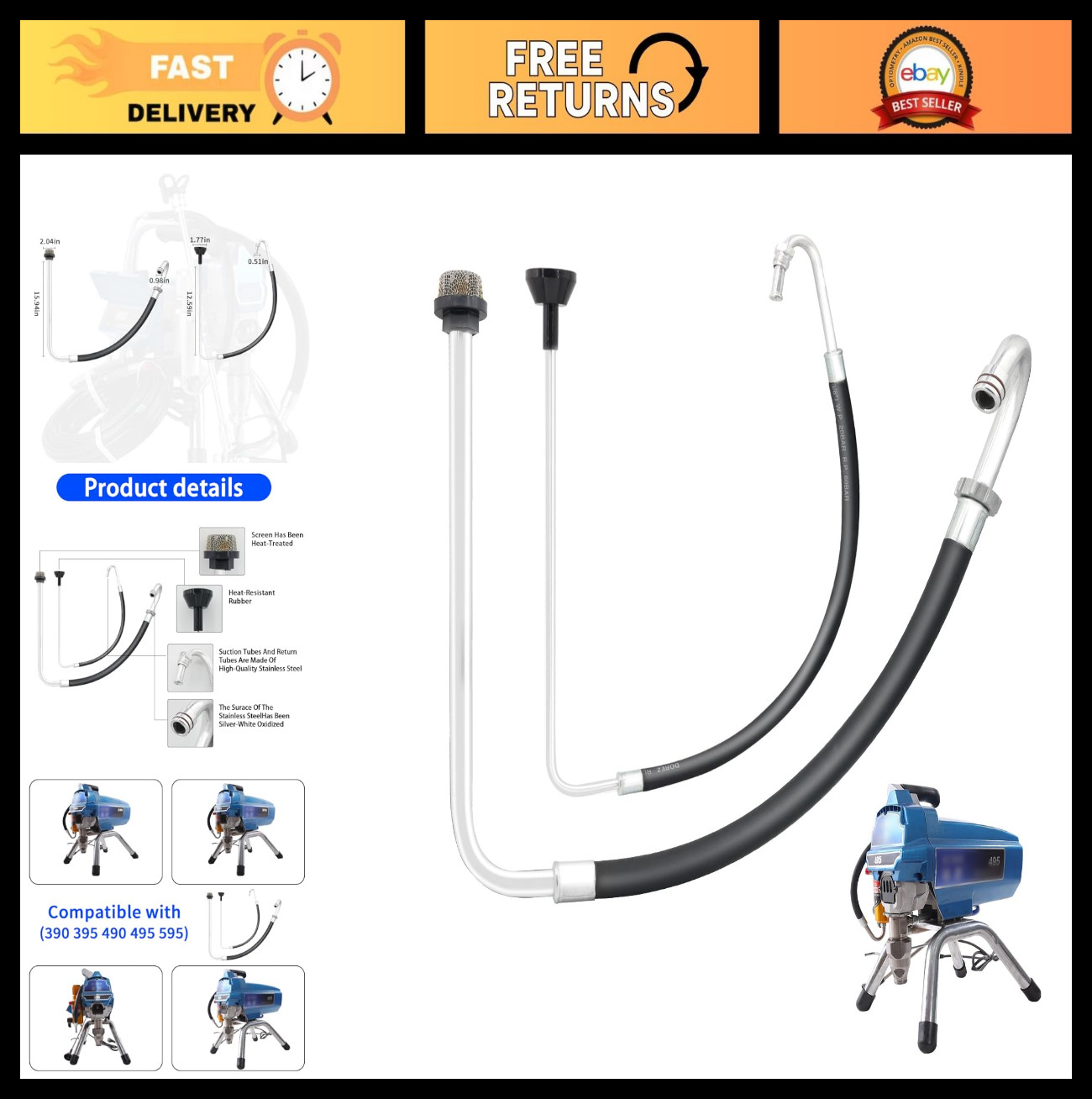 2024 Polished Stainless Steel Suction Tube & Reflux Line Hose Kit for Airless Pa