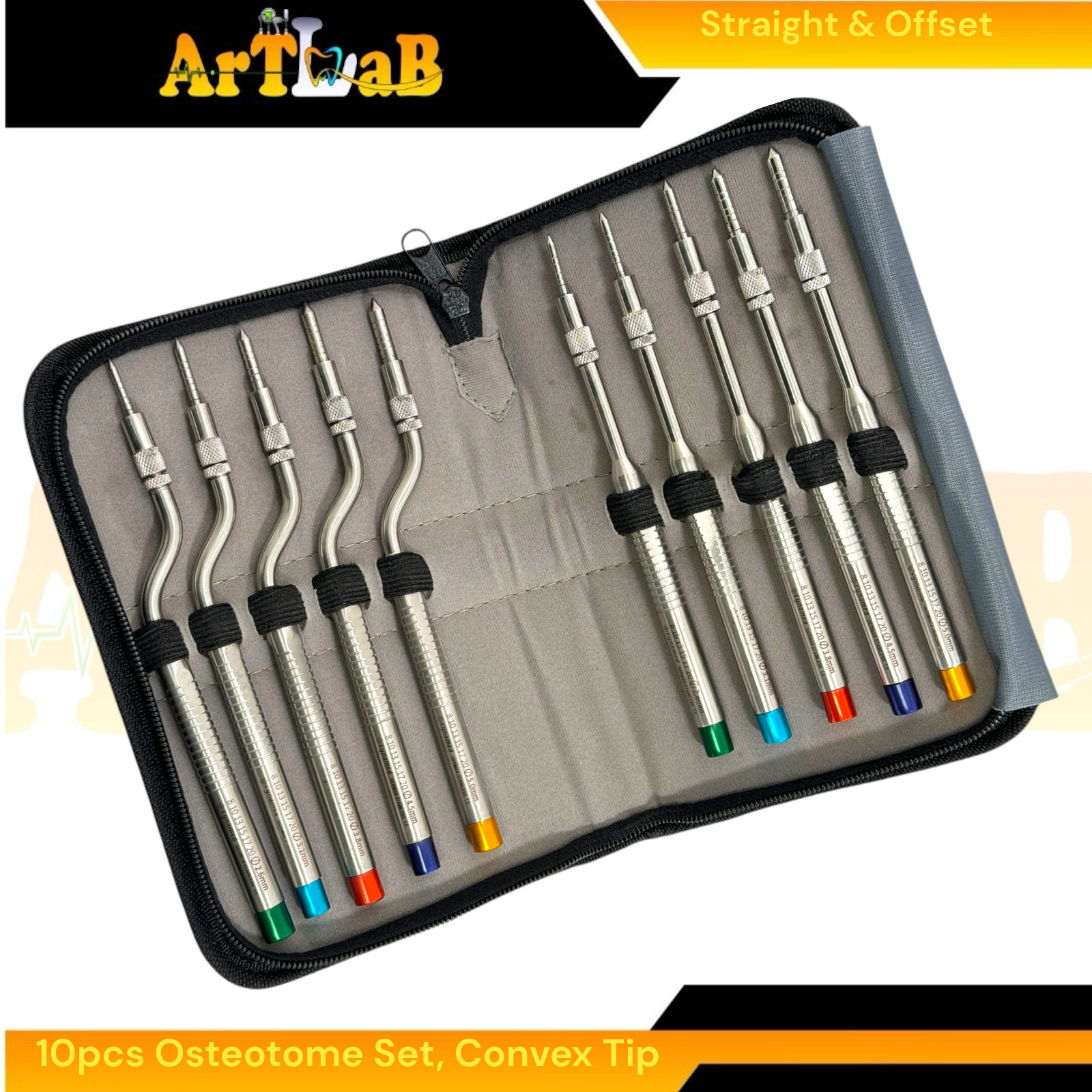 Convex Tip Adjustable Osteotomes, Color-Coded, Straight & Curved (10 Pack)
