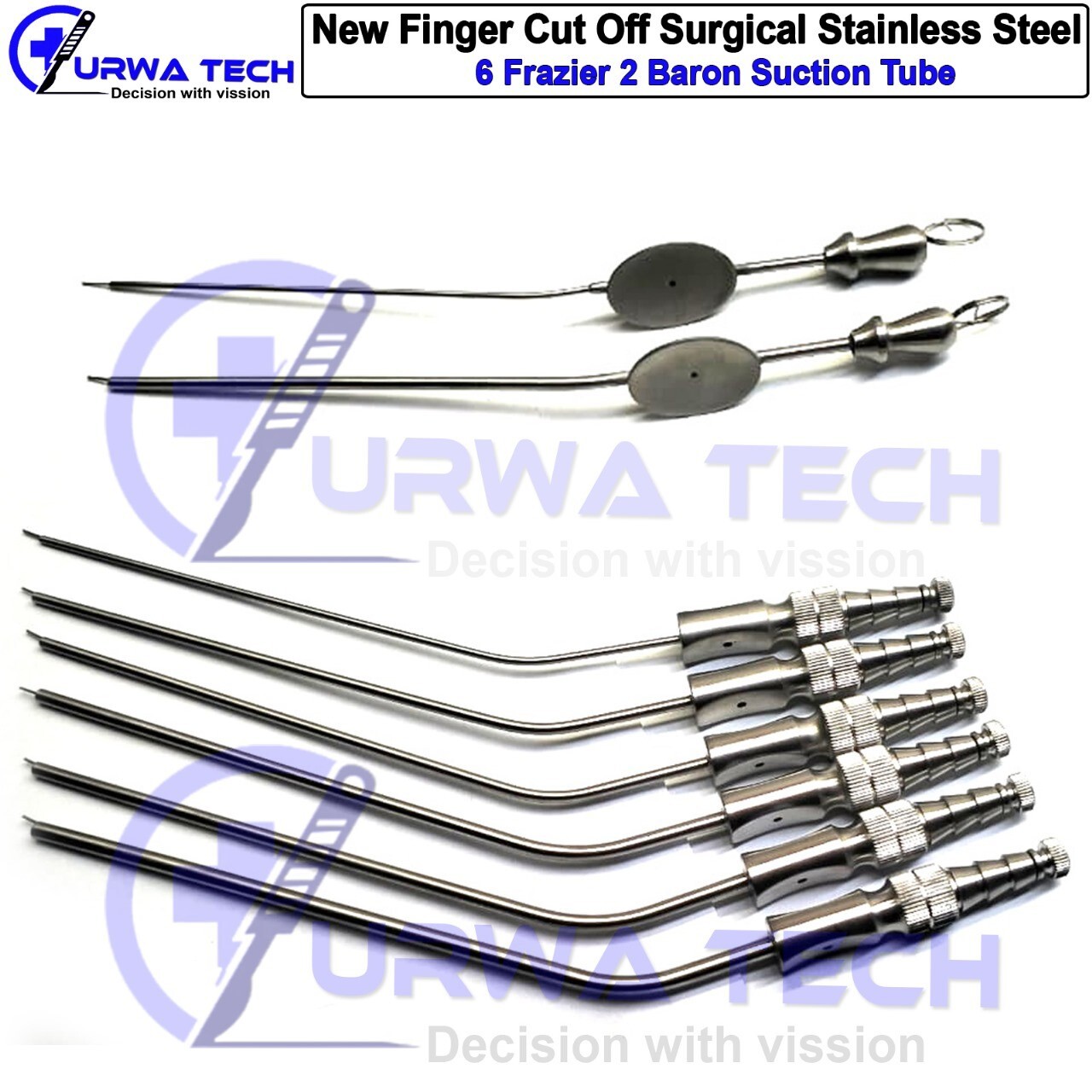 6 Frazier Suction & 2 Baron Suction Tube With Finger Cut Off Surgical Instrument