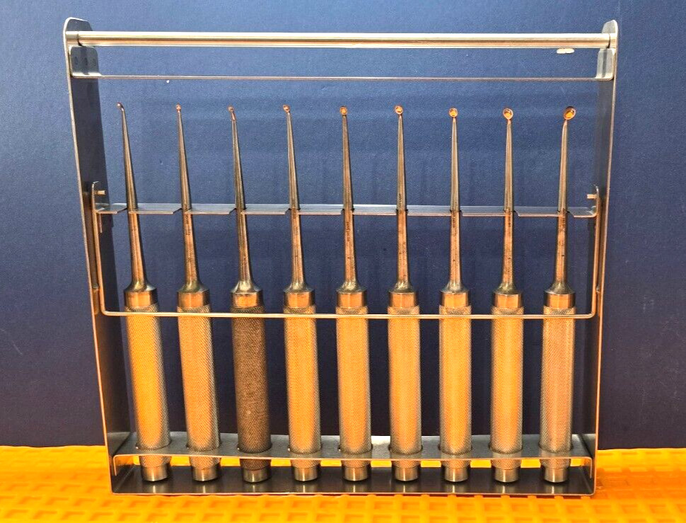 JARIT 240-085 Orthopedic Cobb Curettes Oval Cup Angled Tip Set of 9 With Rack