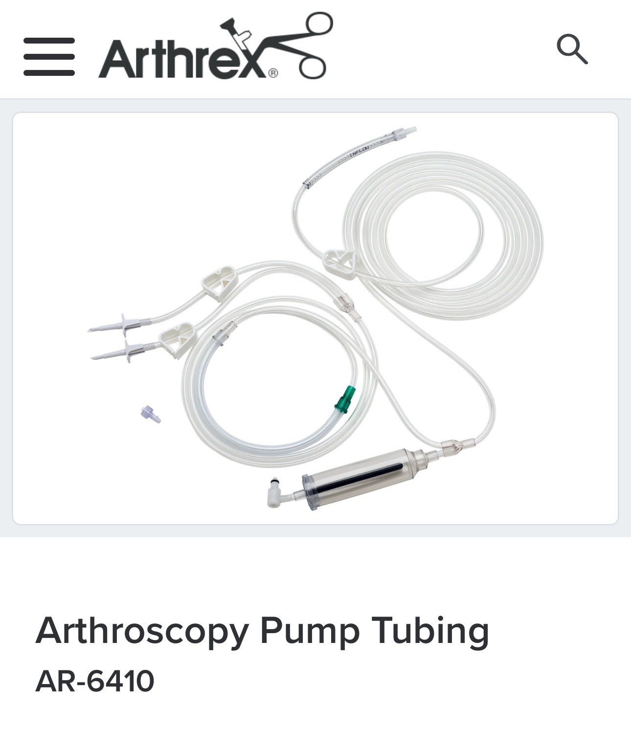 ARTHREX AR-6413 Inflow Tube Set, For Continuous Wave 4 Arthroscopy Pump. One Pcs