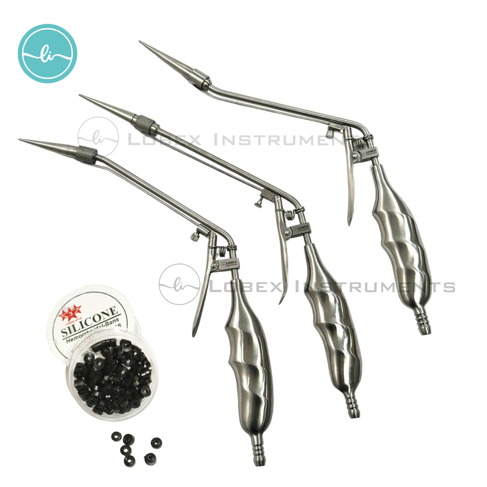SET OF 3 Hemorrhoid Suction Ligator Rectal (STR+ANGLE DOWN+UP) + 100 Latex bands