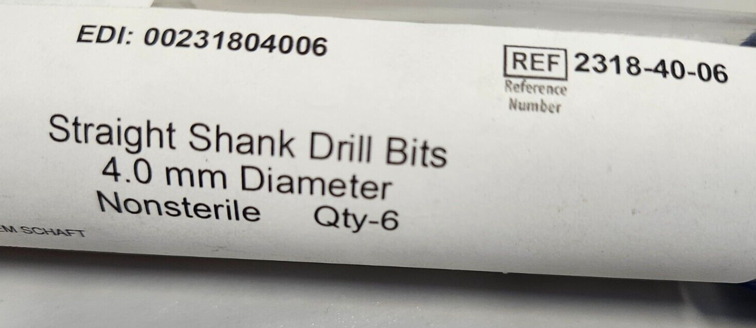 SIX Zimmer Drill Bits, 2318-40-06 Zimmer 4.0mm Diameter Straight Shank