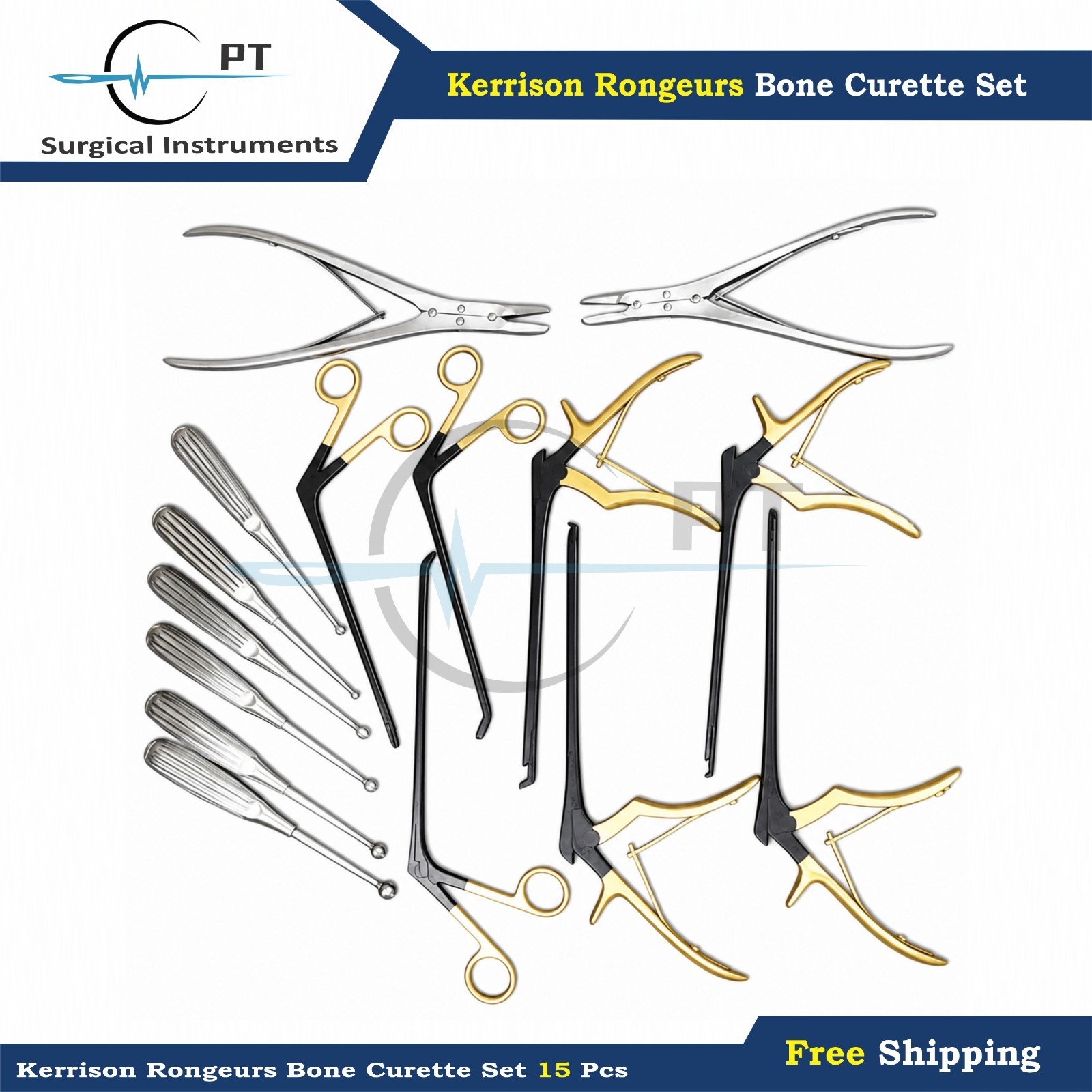 Kerrison Rongeurs Bone Curette Set Of 15 Pcs Surgical Orthopedic Instruments Kit