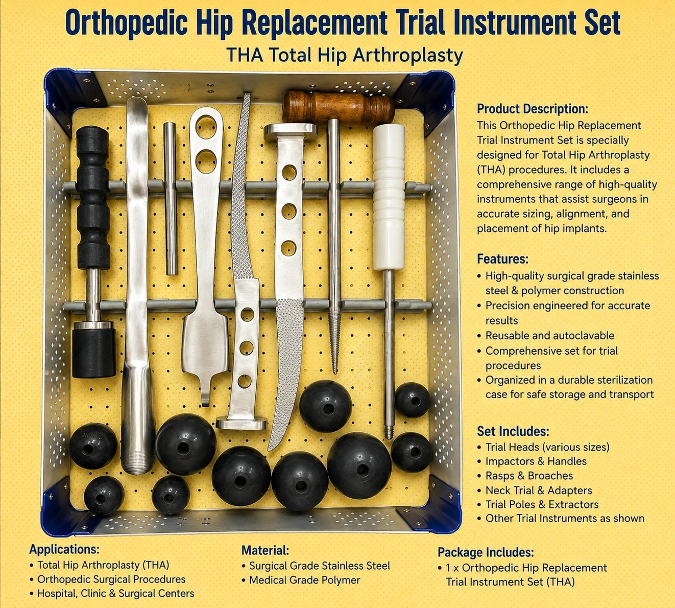 Orthopedic Hip Replacement Trial Instrument Set THA Total Hip Arthroplasty Kit