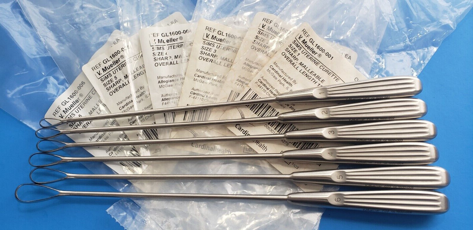 V.Mueller Surgical Sims Uterine Curette Sharp Set of 6 Gynecology Instruments.