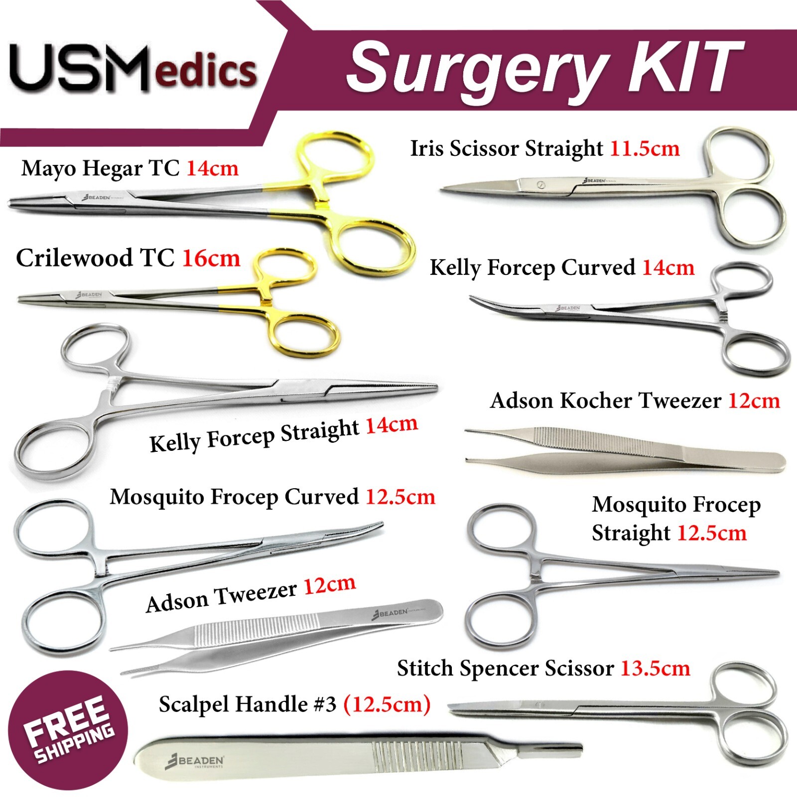 Surgical Instruments Student Dissecting Suture Minor Surgery Kit Set of 11 NEW