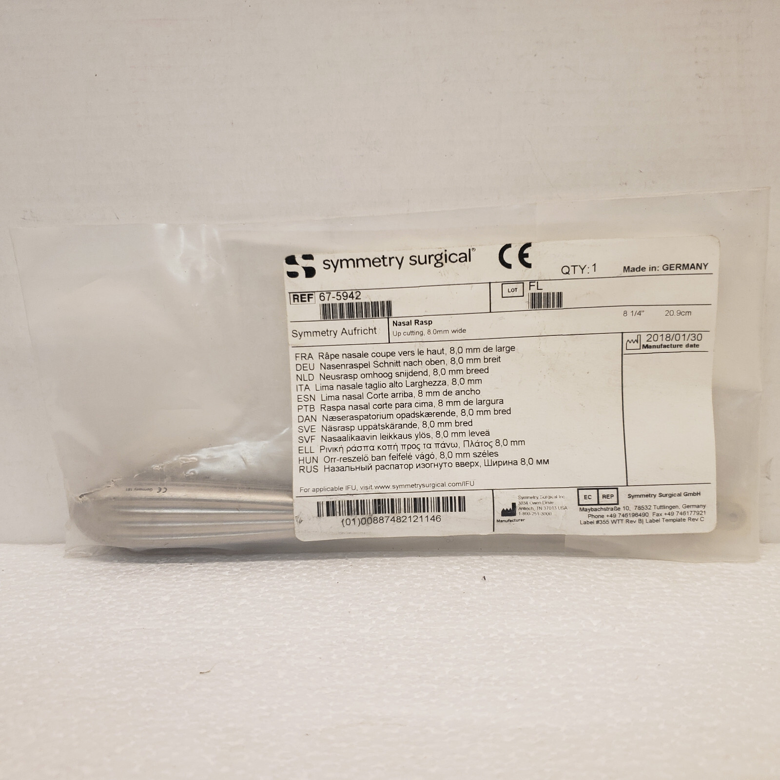 Symmetry 76-5942 Rasp, Aufricht Nasal, 8 mm Wide, Up-Cutting, 8 1/4 in, 209 mm