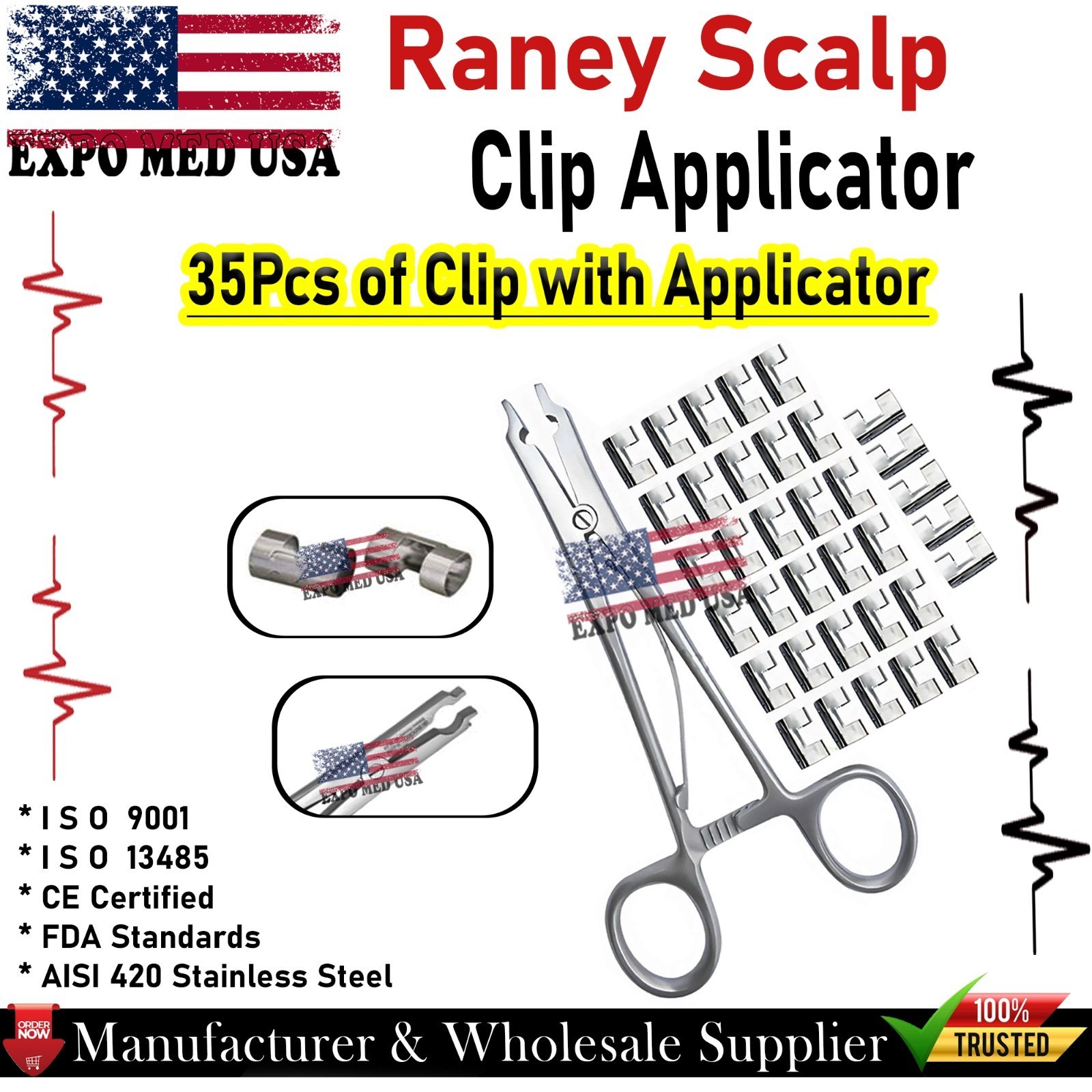 Raney Scalp Clip Applicator Plus Surgical Instruments Orthopedic 30 Pcs Clips