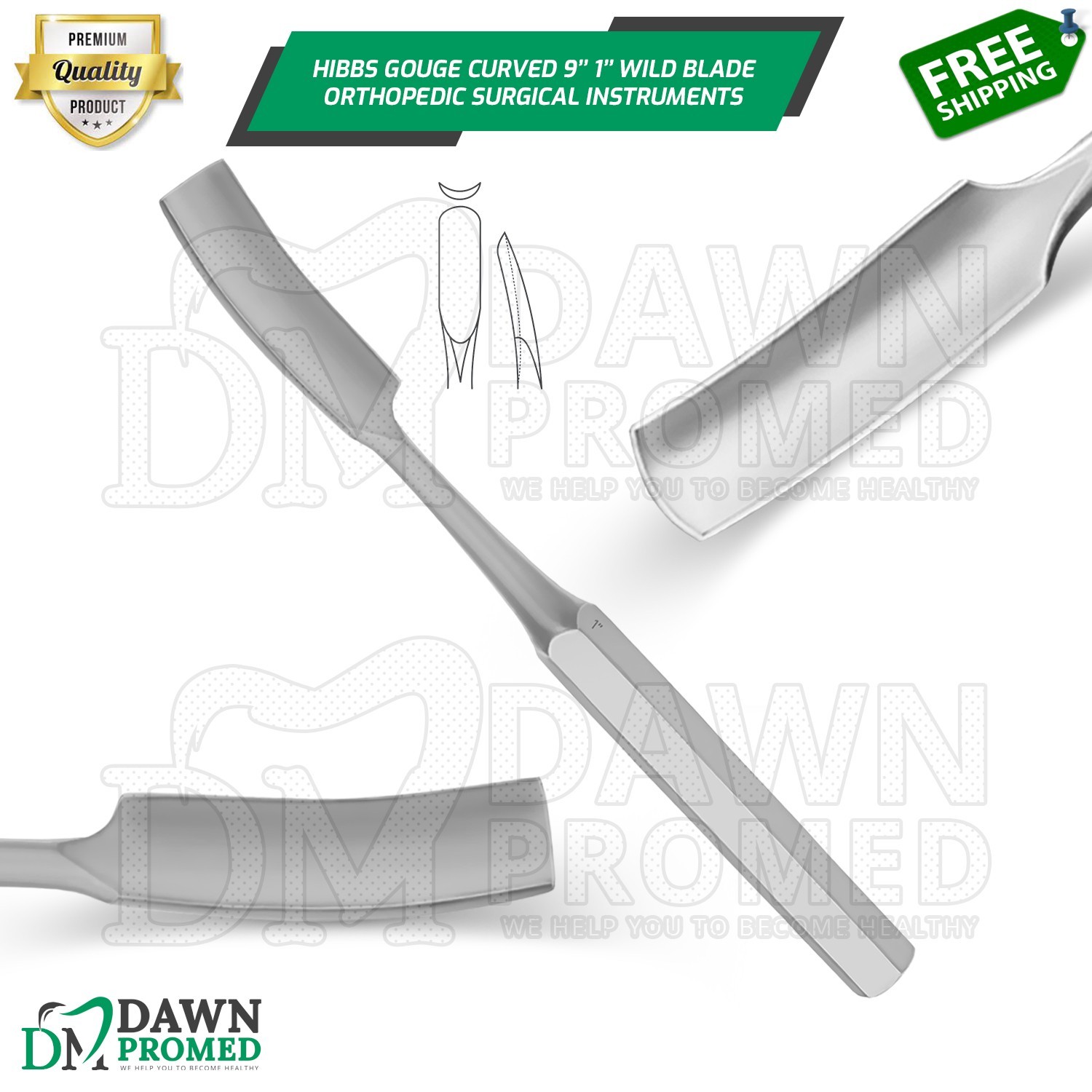 HIBBS Orthopedic Bone Gouge 9″ Curved 1″ Blade Surgical Instrument German Gr