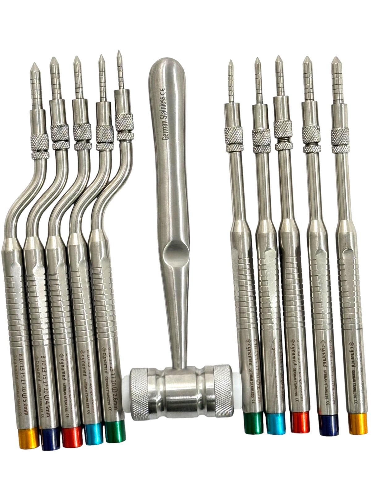 10PCS Osteotome Convex Offset + Straight, w/ Mallet – Color Coded Instruments