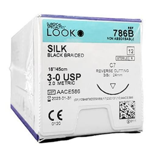 Look X786B Silk Black Reverse Cutting Sutures 3-0 18″ C7 3/8 Circle 24mm 12/Pk