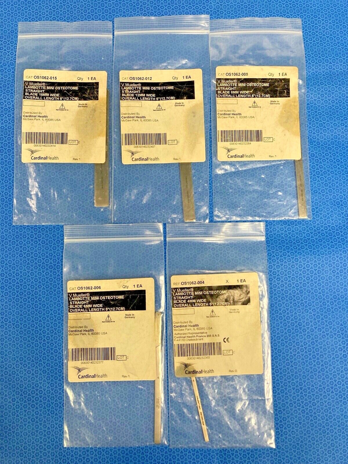 V. Mueller OS1602-004/6/8/12/15 Straight Mini Lambotte Osteotomes Orthopedic