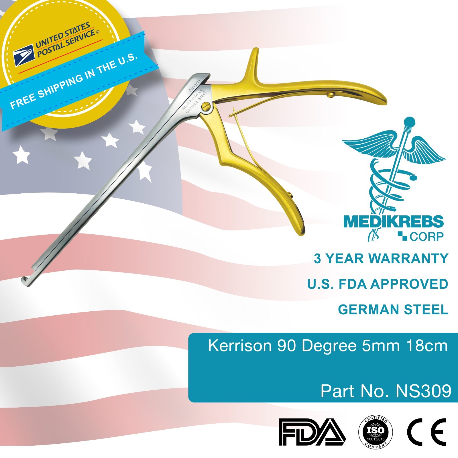 Kerrison Punch Rongeur 90 Degree Forward Up Cutting 5 mm x 18 cm OR Grade Steel